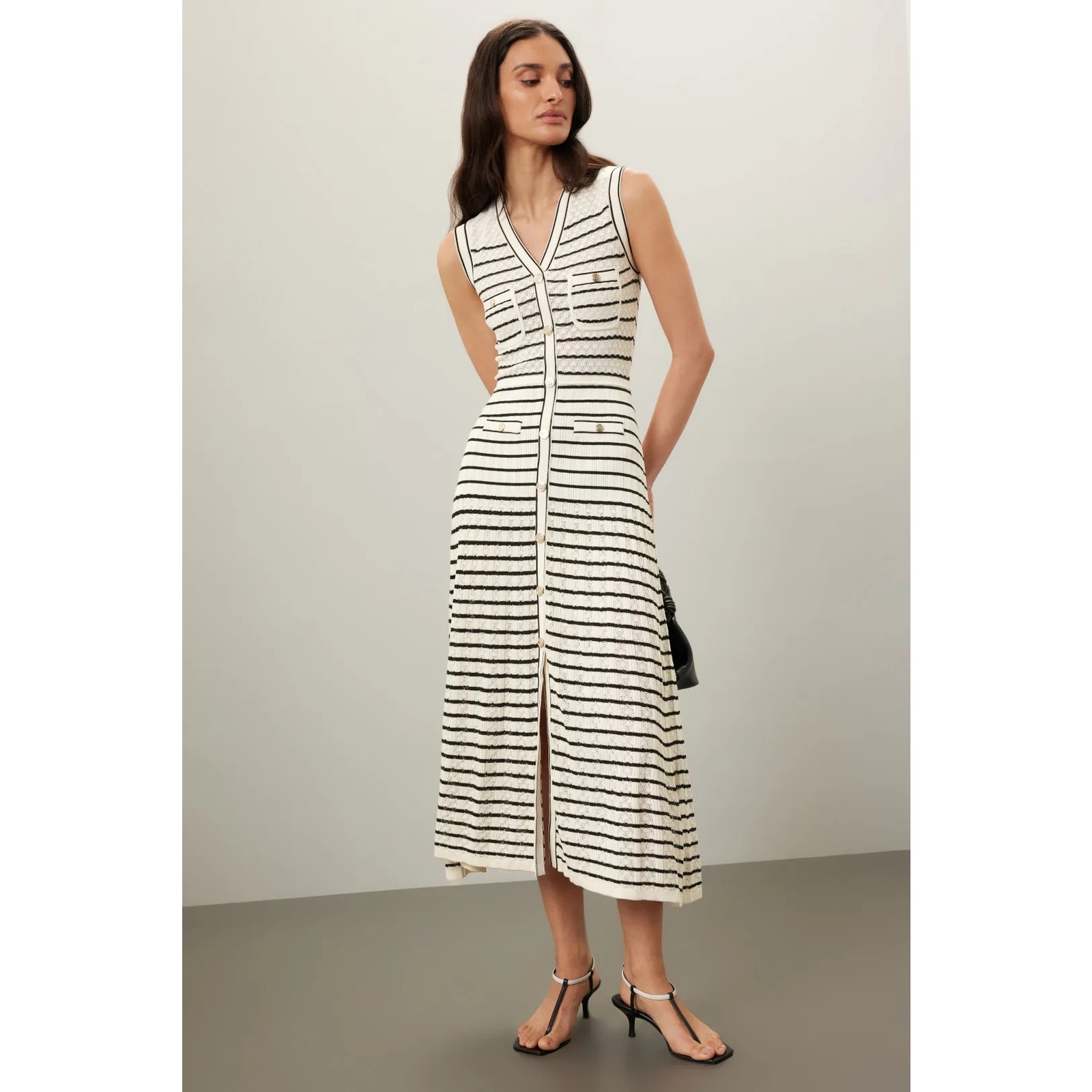 Sandro Molina Dress Striped Sleeveless Button Front Midi Black White Fr 40 Us 8